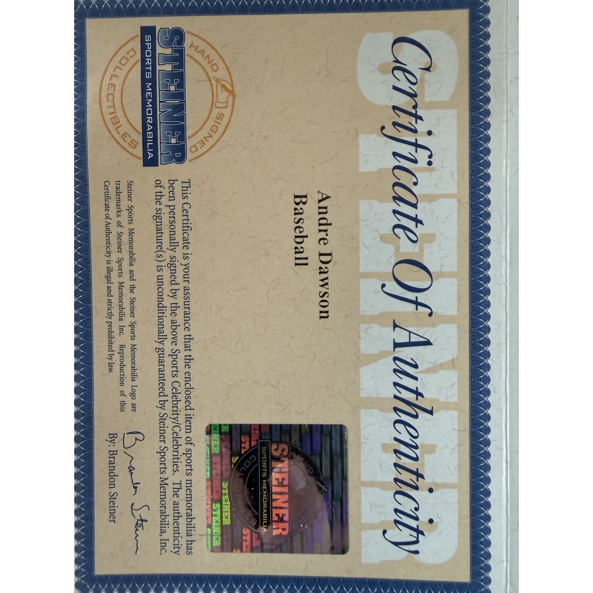Andre Dawson baseball certificate of authenticity