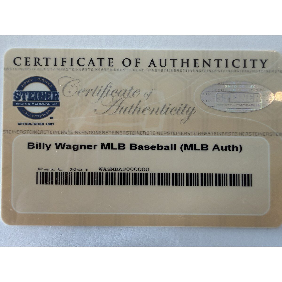 Billy Wagner baseball certificate of authenticity