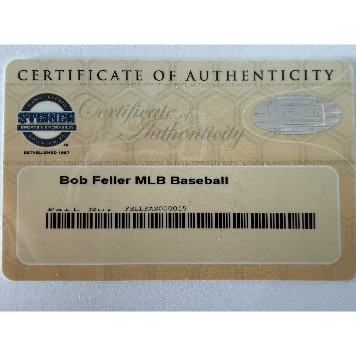 Bob Feller baseball certificate of authenticity