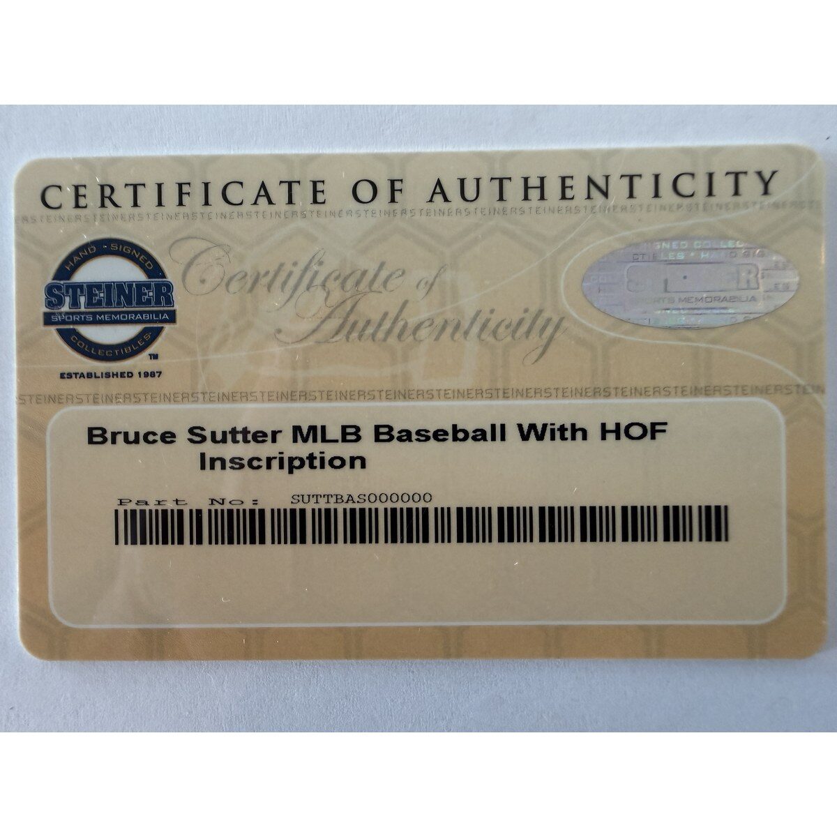 Bruce Sutter baseball certificate of authenticity