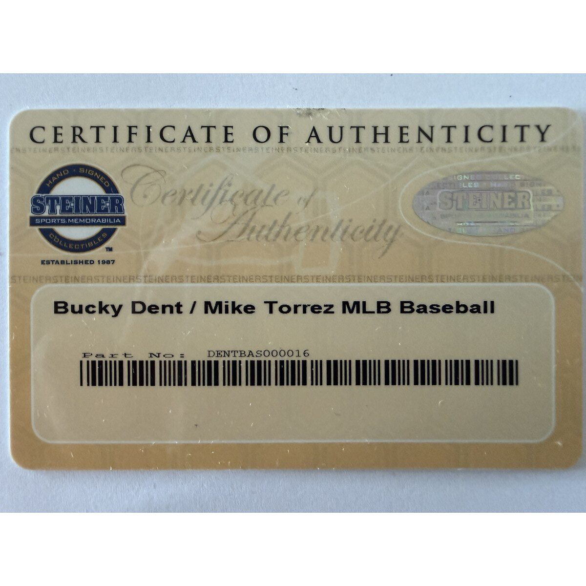 Bucky Dent Mike Torrez baseball certificate of authenticity