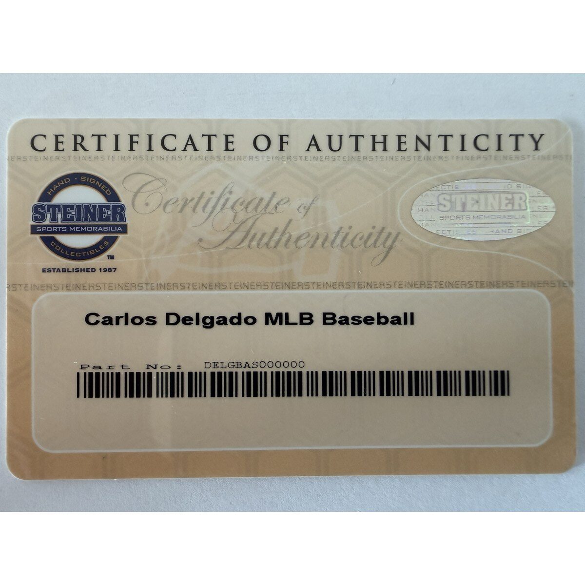 Carlos Delgado baseball certificate of authenticity