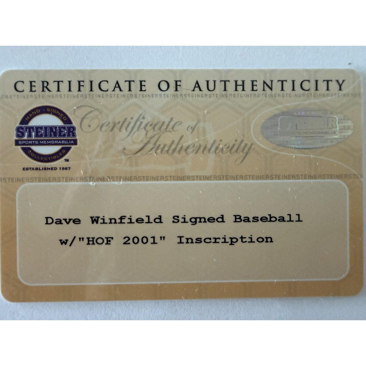 Dave Winfield baseball certificate of authenticity