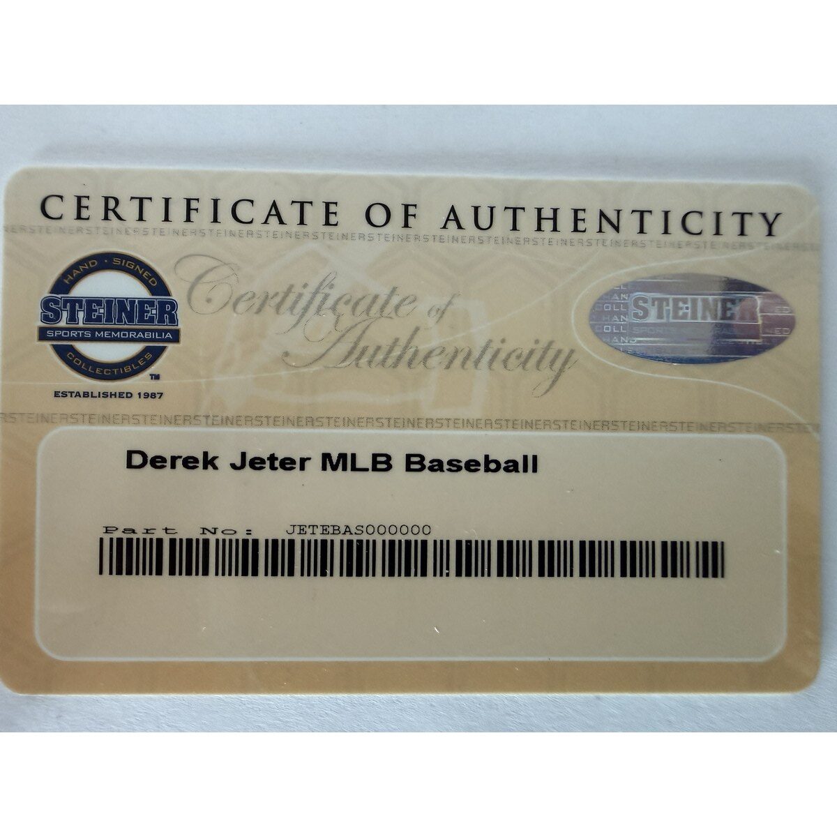 Derek Jeter baseball certificate of authenticity