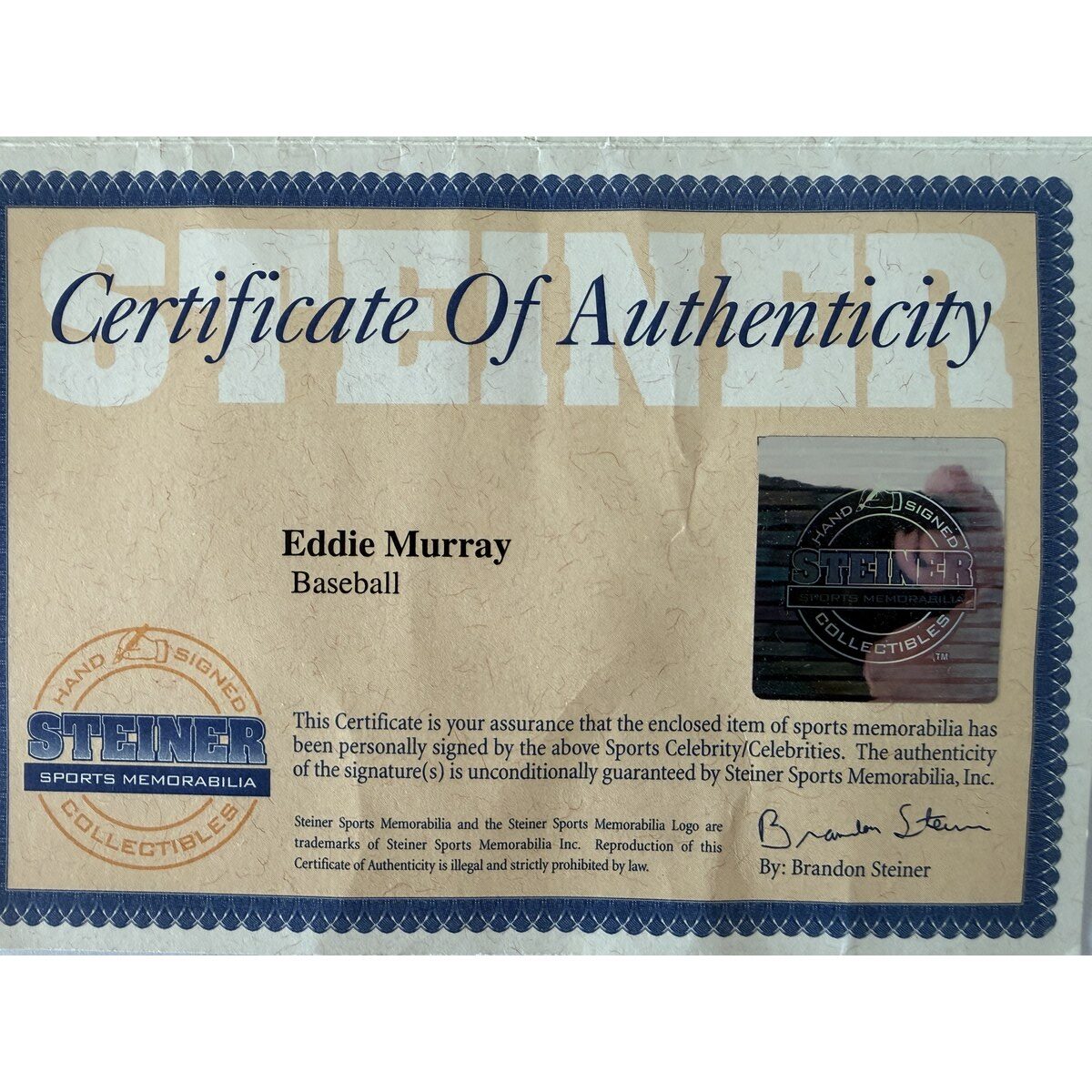 Eddie Murray baseball certificate of authenticity