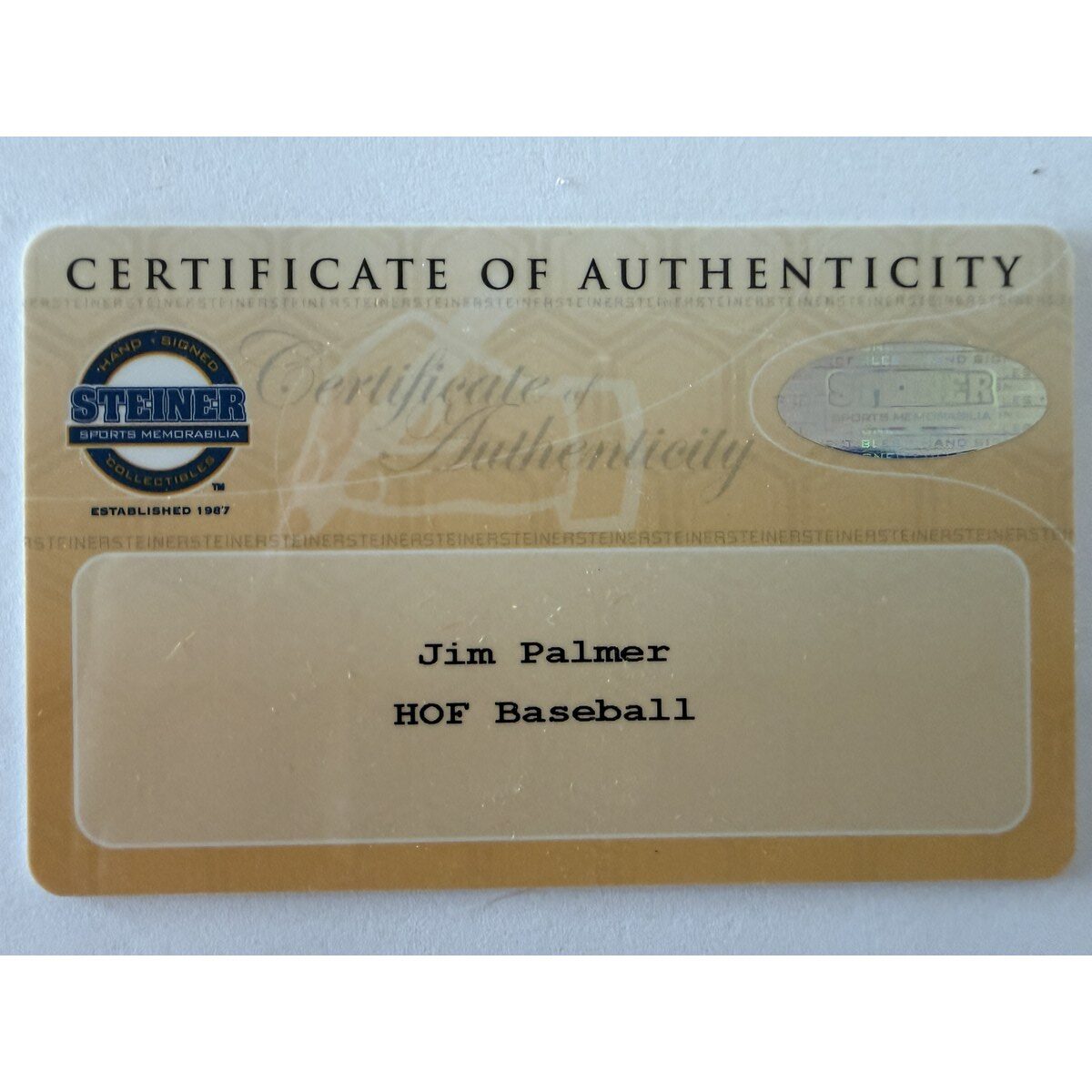 Jim Palmer baseball certificate of authenticity