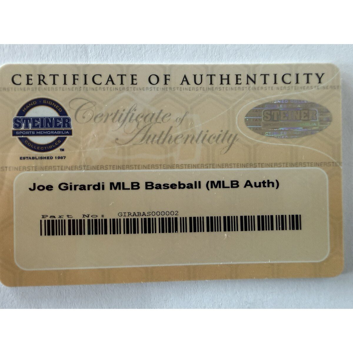 Joe Girardi baseball certificate of authenticity