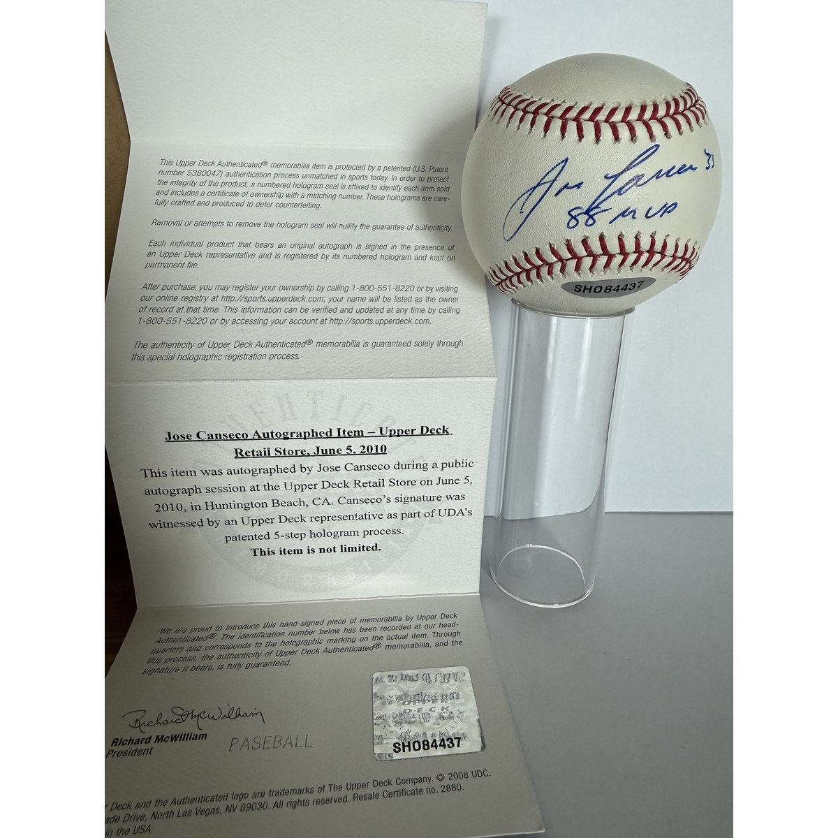 Jose Canseco signed baseball with certificate of authenticity