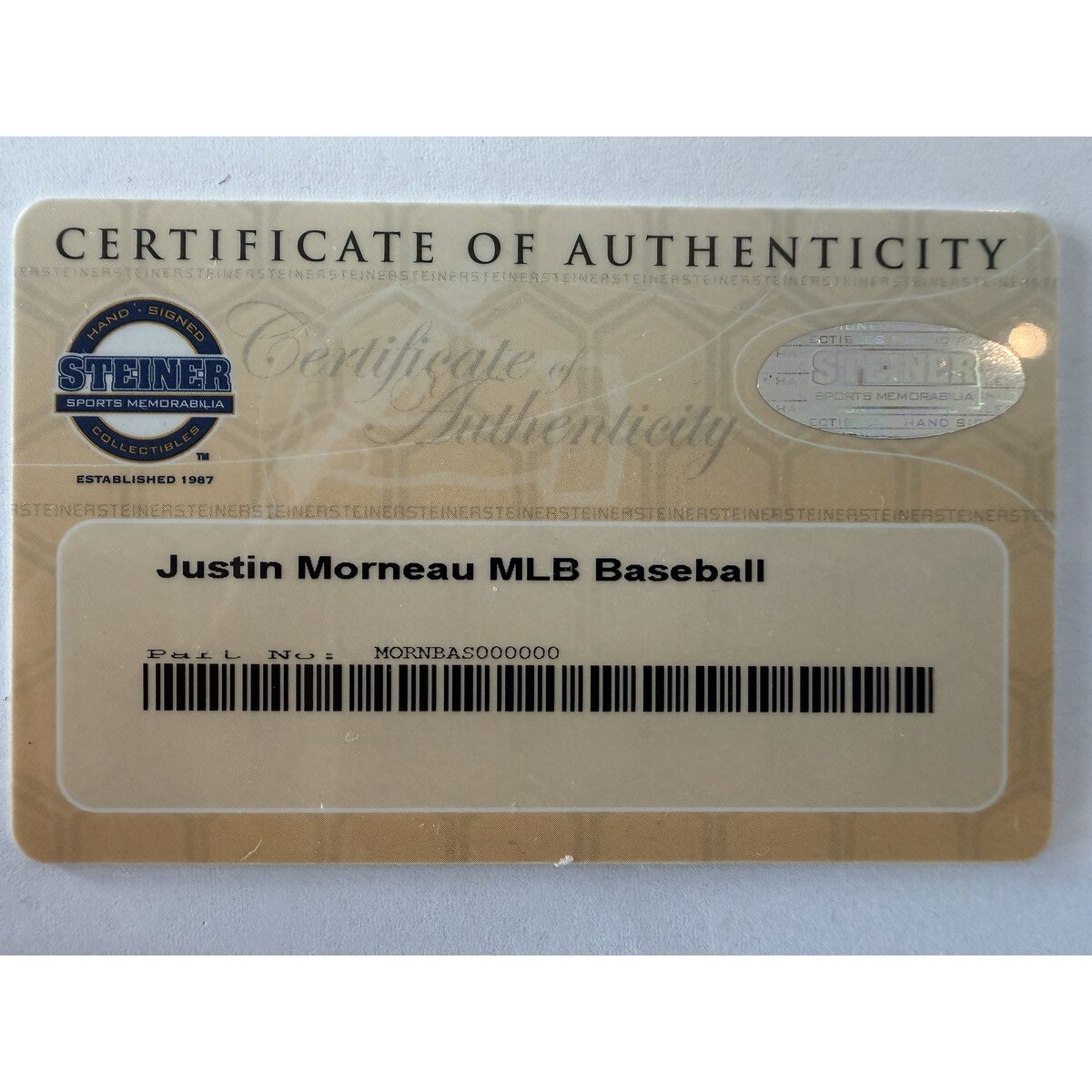 Justin Morneau baseball certificate of authenticity