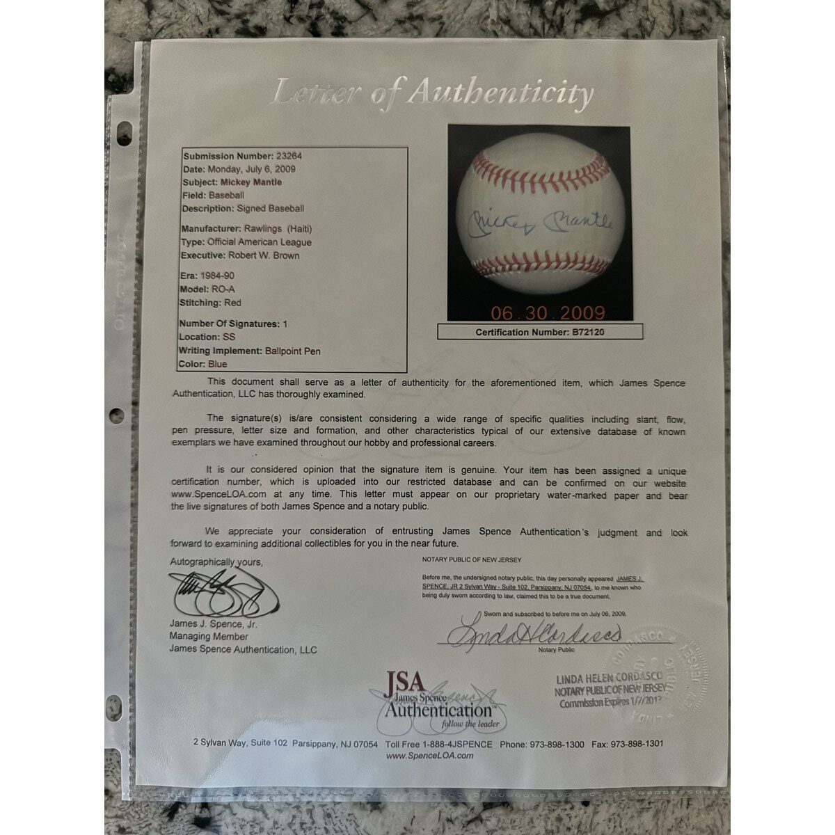 Mickey Mantle Ball COA Rotated