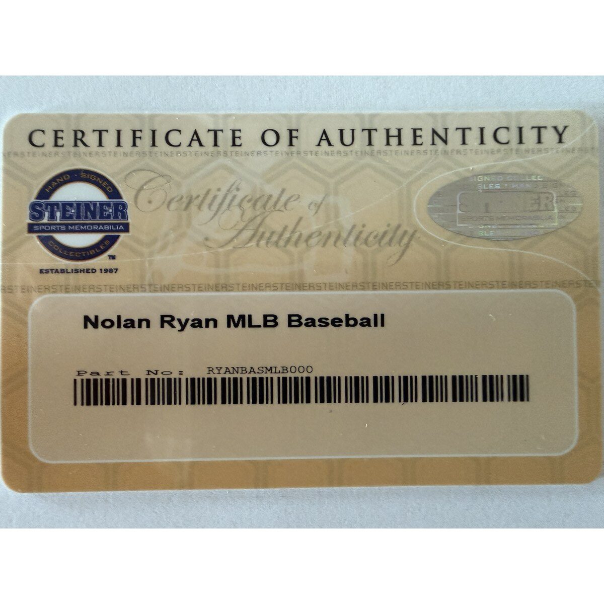 Nolan Ryan baseball certificate of authenticity