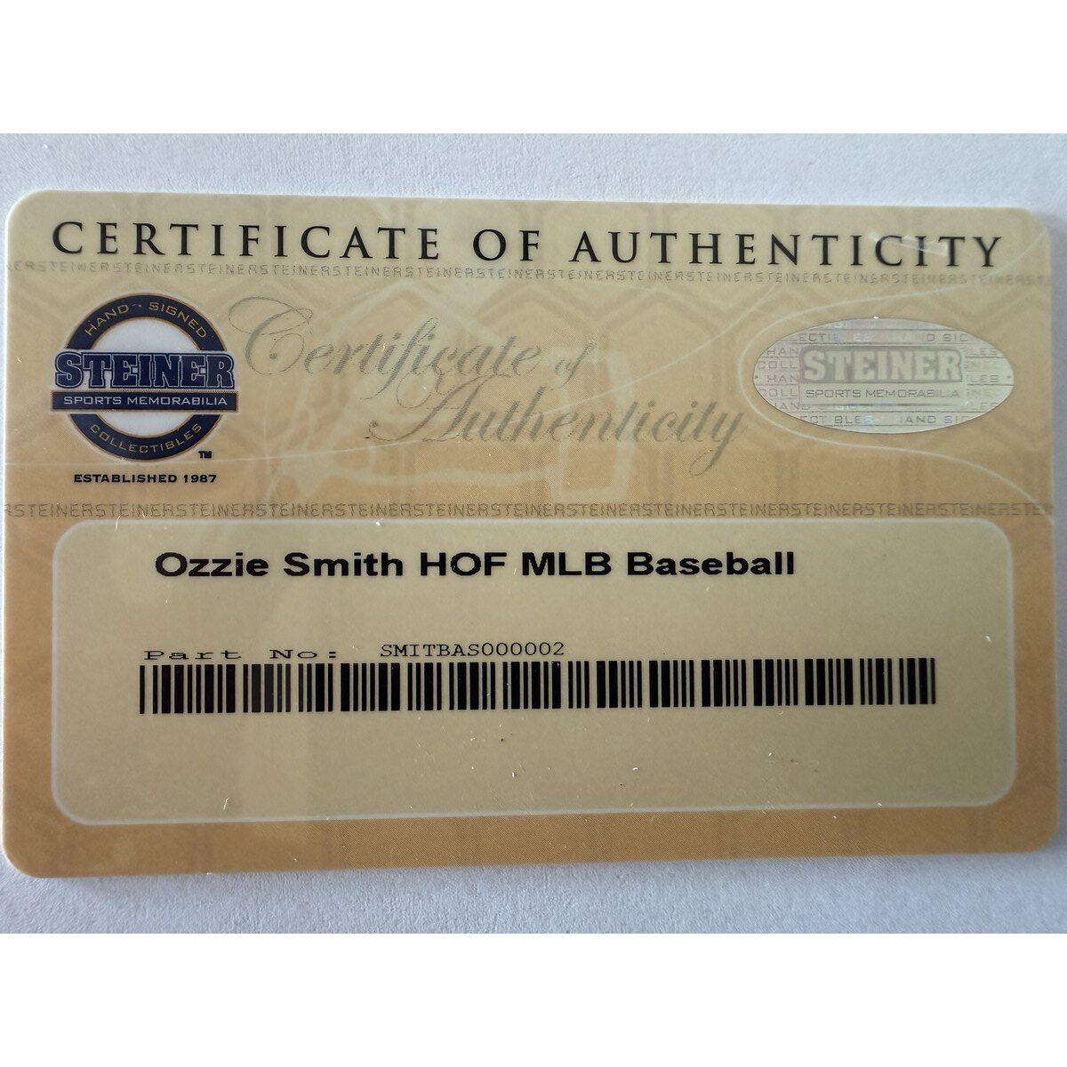 Ozzie Smith baseball certificate of authenticity