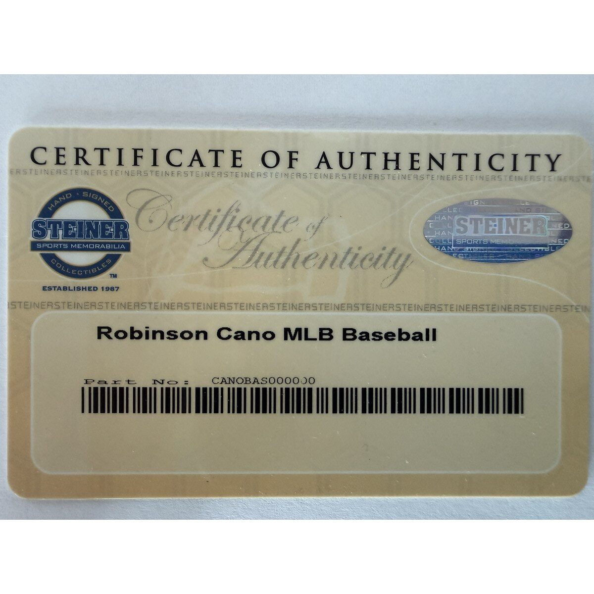 Robinson Cano baseball certificate of authenticity