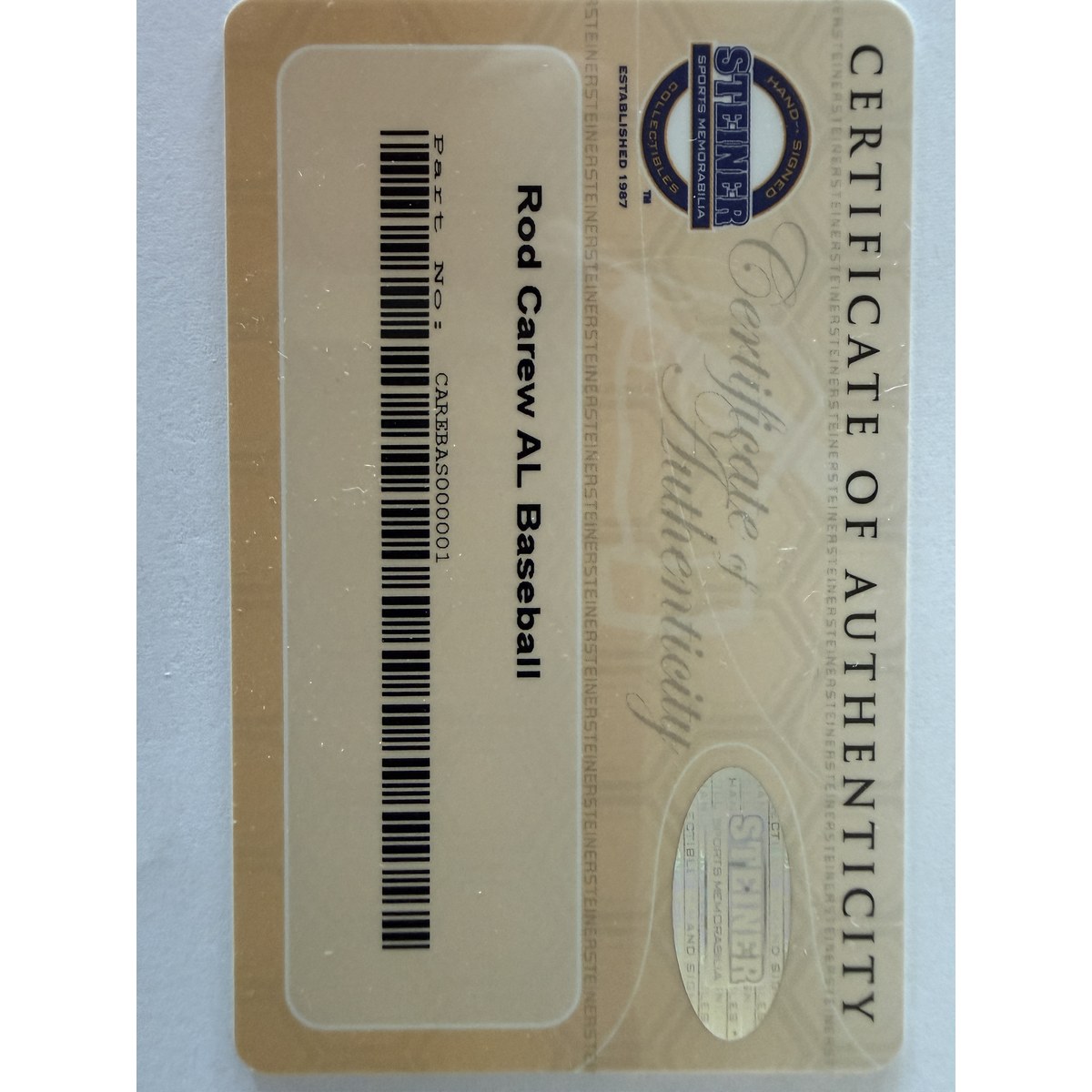 Rod Carew baseball certificate of authenticity