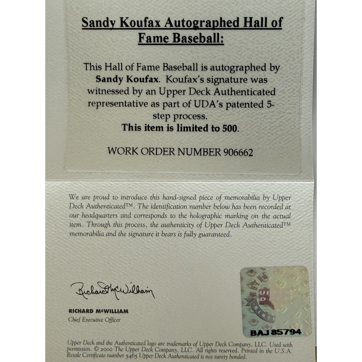 Sandy Koufax baseball certificate of authenticity